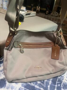 Coach Taupe Nylon Shoulder Bag with Brown Leather Trim